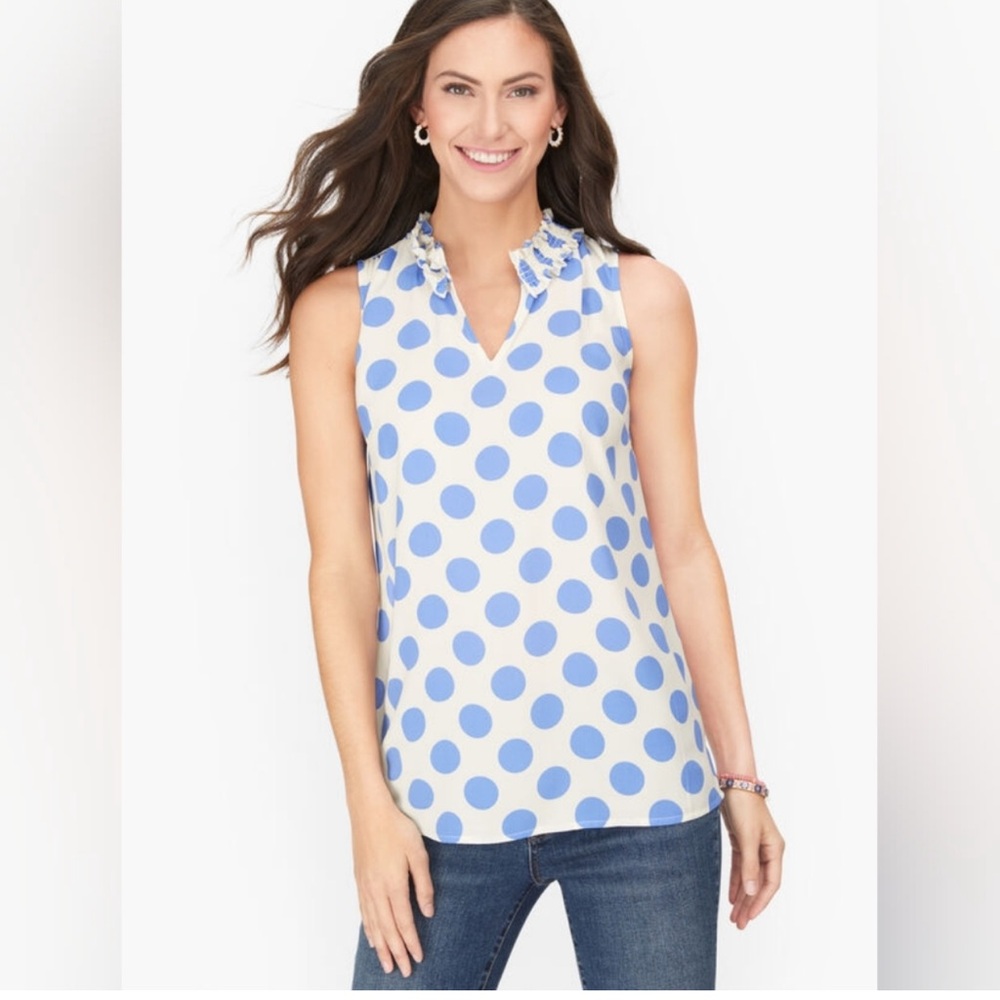 Talbots Petite Blue White Large Polka Dot Sleeveless Top Sz MP Dressy Blouse